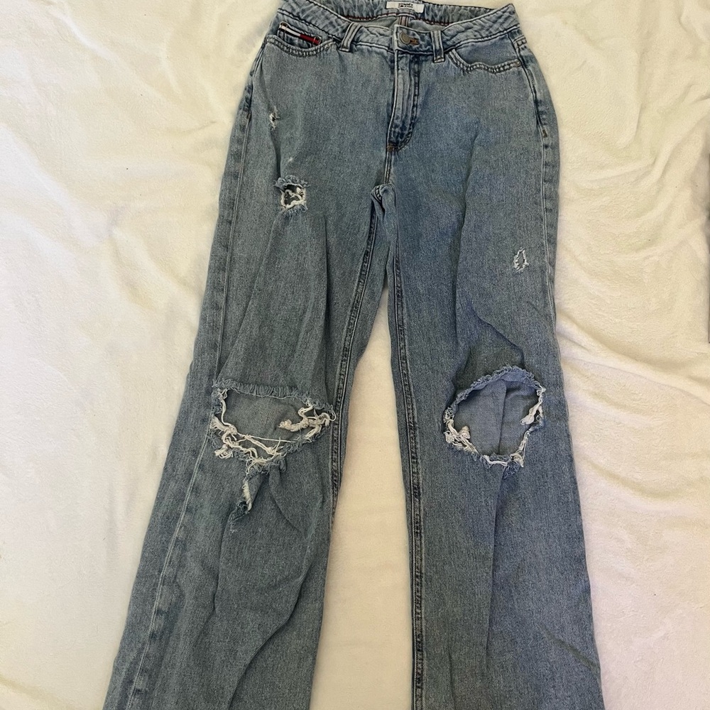 Tommy Hilfiger Blue Flare Wide Leg Jeans with Vintage Distressing